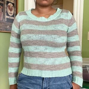 Fuzzy blue and grey pastel preppy retro striped knit sweater